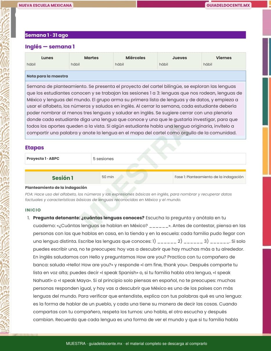 El encabezado de una semana, con su dosificación